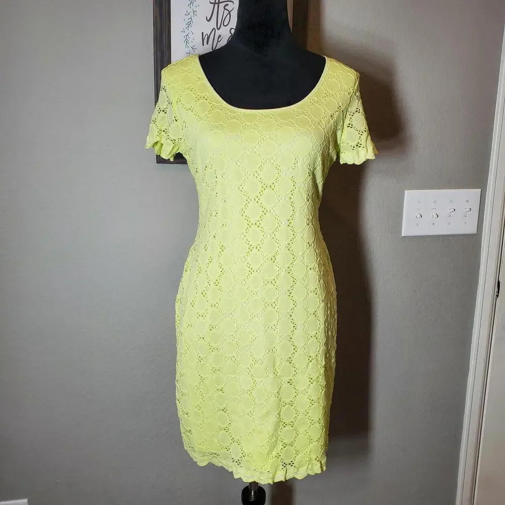 Ronni Nicole Short Sleeve Neon Yellow Lace Bodycon Dress Size Petite Small PSM
